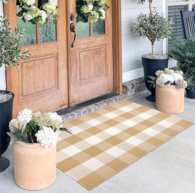 Front Door Mat Outdoor Entrance 27.5''x 43.3''Checkered Porch Rug Cotton Washable Farmhouse Layered Doormat for Indoor/Outdoor, Kitchen, Entryway,Bathroom