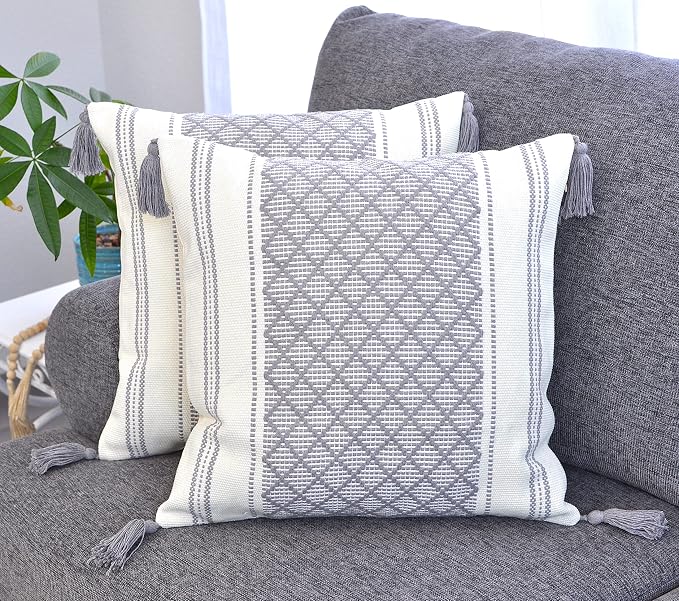 Gray 16x16 Pillow Covers - Set of 2 / Decorative Grey Boho Tassels Indoor Outdoor Cushion Covers Checkrered Geometric Pattern / Farmhouse Designer Woven PillowCases/ Modern Accent Throw PillowCovers