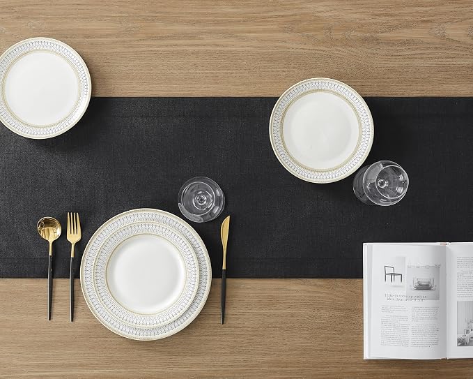 ZeeMart Linen Textured Border Table Runner, 14 x 36 Inch Black | Mitered Corner Design, Medium Weight Fabric, Modern Farmhouse Style, Machine Washable Easy Care Everyday Table Scarf