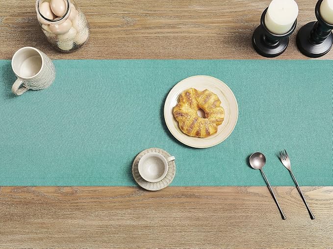 ZeeMart Basic Linen Style Table Runner, 14x48 Inch Teal | Mitered Corner Design, Medium Weight Fabric, Rustic Farmhouse Style, Machine Washable Easy Care Everyday Table Scarf