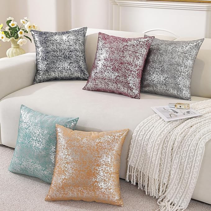 Gyulin Pack of 4,Silver Velvet Throw Pillow Covers 18x18 Inches, Sparkle Silver Foil Print Solid Square Pillow Covers Cushion Covers for Couch Sofa Home Bedroom Decor, Light Pink