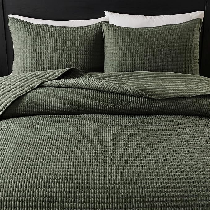 WDCOZY Olive Green King Size Pick Stitch Quilt Set, 3 Pieces 104x90 inches | Striped Lightweight Bedspread, Channel Farmhouse Coverlet, All Season Bedding Comforter, Textured Linen-Like, 2 Pillow Shams