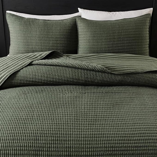 WDCOZY Olive Green Twin Size Pick Stitch Quilt Set, 2 Pieces 68x90 inches | Striped Lightweight Bedspread, Channel Farmhouse Coverlet, All Season Bedding Comforter, Textured Linen-Like, 1 Pillow Sham