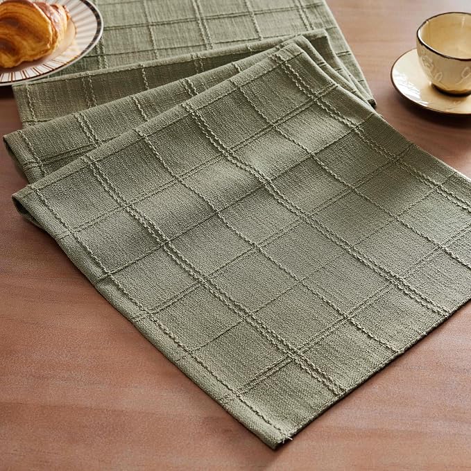 ZeeMart Linen Checked Farmhouse Table Runner, 13x90 Inches Olive | Raised Grid Design, Rich Woven Texture, Linen Blend Table Runners 90 Inches Long, Machine Washable, Boho Home Kitchen Decor