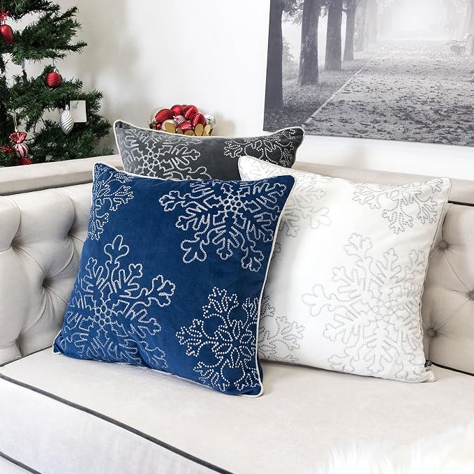 Embroidery Blue Velvet Throw Pillow Cover, Merry Christmas Series Snowflake Luxury Soft Fuzzy Cozy Warm Slik Gift Square Couch Cushion Pillow Case 20 x 20 Inch, Cover Only