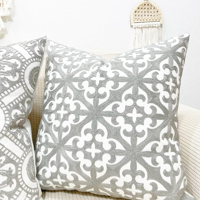 Slow Cow Embroidery Decorative Throw Pillow Cover Geometric Design Cushion Cover for Living Room 20 x 20 Inches Grey