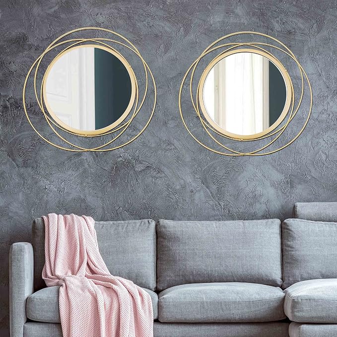 2 Set Circle Mirrors for Wall Decor Living Room Bedroom Entryway | Metal Round Mirror Decorative Hanging Mirrors Sun Bohemian Geometric Accent Sculpture Gold 15.7 in