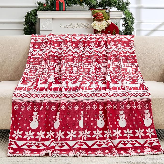 Edenleaf Christmas Blanket Soft Cozy Fleece Throws with Snowman Snowflake Reindeer and Xmas Trees Print, Fuzzy Warm Christmas Throw Blanket for Couch Bed Holiday Decorations Gifts 60"x80" (Red)