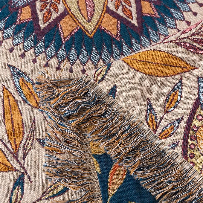 Phuryllic Boho Throw Blanket Throw Size, Soft Cozy Cotton Muslin Quilt Blanket for Bed Decor, Floral Patterned Couch Sofa Chair Cover, Vintage Farmhouse Cottage Tapestry Woven Blanket, Beige&Blue
