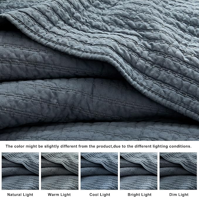 WDCOZY 100% Cotton Queen Size Quilt Set - Blue Striped Pick Stitch Soft Lightweight Bedspread, Textured Like Linen, Farmhouse Country Rustic Coverlet, Shabby Chic Gauze Bedding, 3 Pieces