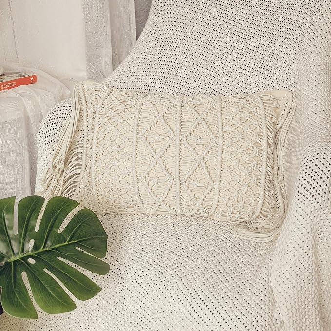 Macrame Lumbar Pillow Cover-Set of 2 with Tassels Rectangualr Cushion Covers Boho Throw Pillow Cover for Couch, Sofa, Bed, Farmhouse, Chair, Dining, Patio, Outdoor, car (B)