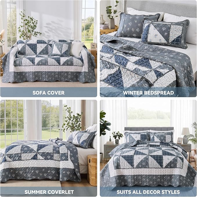 Oversized King Quilt Set Grey Floral Patchwork Alaska King Bedspreads Set | 3-Piece Alaskan King Size Bedding Set 132x120 Rversible Quilted Coverlet Lightweight Comforter Bed Cover with 2 Pillowcase