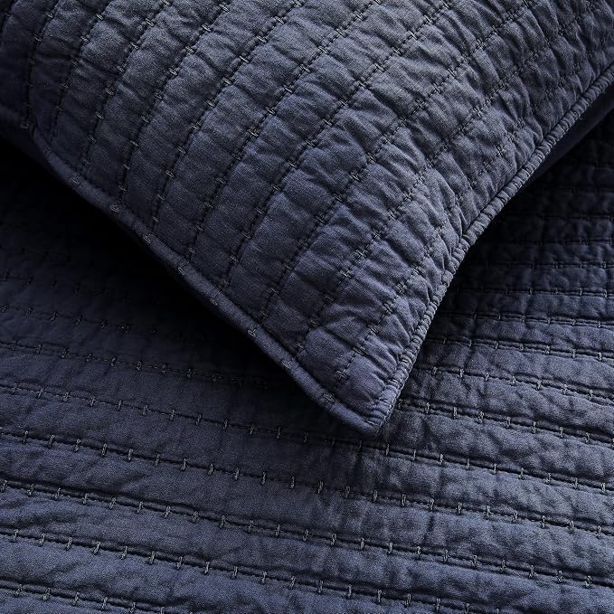 WDCOZY 100% Cotton Twin Size Quilt Set - Navy Blue Striped Pick Stitch Soft Lightweight Bedspread, Textured Like Linen, Farmhouse Country Rustic Coverlet, Shabby Chic Gauze Bedding, 2 Pieces
