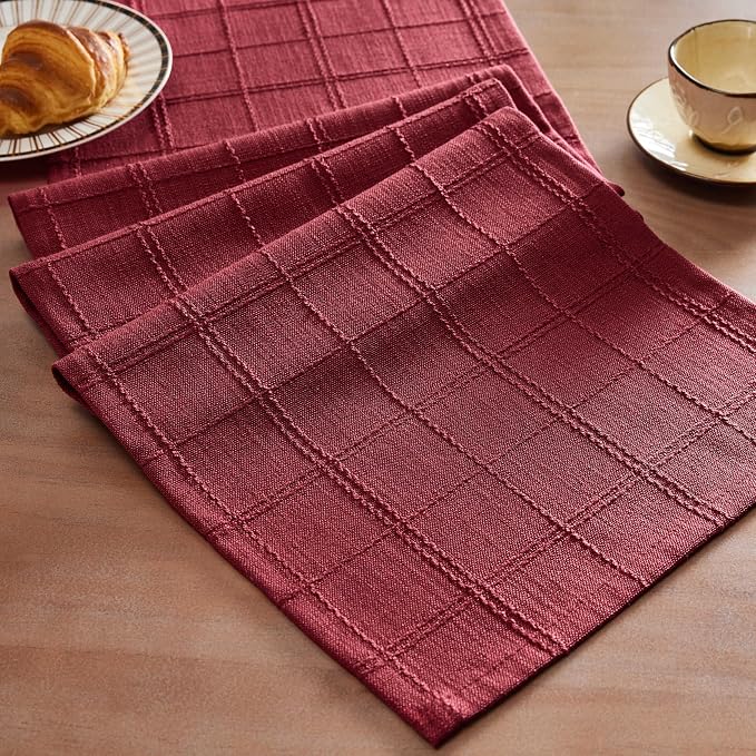 ZeeMart Linen Checked Farmhouse Table Runner, 13x108 Inches Burgundy | Raised Grid Design, Rich Woven Texture, Linen Blend Table Runners 108 Inches Long, Machine Washable, Boho Home Kitchen Decor