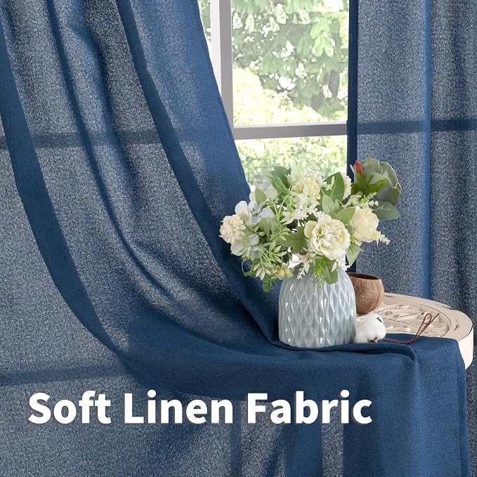 YoungsTex Navy Linen Curtains 78 Inch Length for Living Room, Dark Blue Semi Sheer Drapes with Rod Pocket Back Tab Light Filtering for Office Bedroom Windows, 2 Panels, 52 X 78 Inch