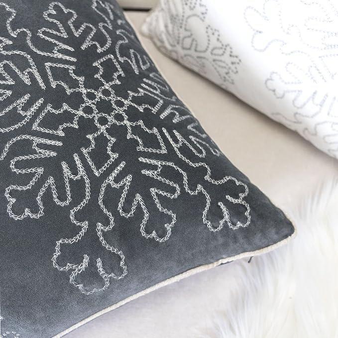 Embroidery Gray Velvet Throw Pillow Cover, Merry Christmas Series Snowflake Luxury Soft Fuzzy Cozy Warm Slik Gift Square Couch Cushion Pillow Case 20 x 20 Inch, Cover Only