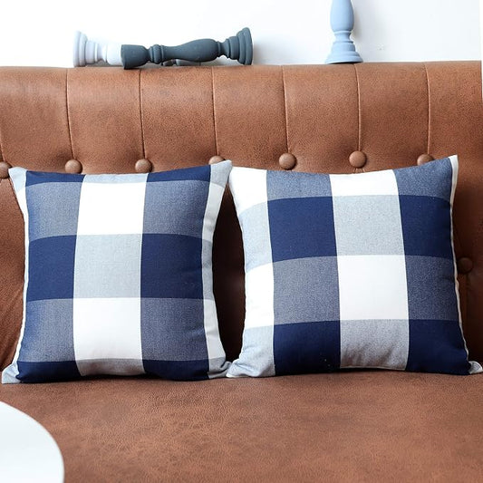Navy Buffalo Check Plaid Outdoor Pillow Covers 12x12 Inch Set of 2