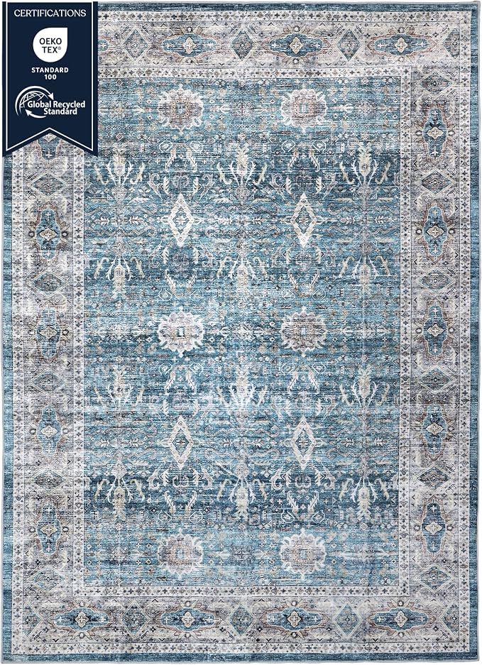 Machine Washable Area Rug, Soft & Durable, Non-Slip, Stain Resistant Rug for Bedroom, Living Room, Dining Room, High Traffic Areas. (Blue/Turquoise, 6' X 9')
