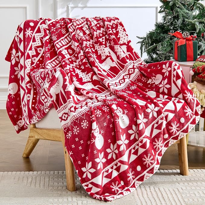 Edenleaf Christmas Blanket Soft Cozy Fleece Throws with Snowman Snowflake Reindeer and Xmas Trees Print, Fuzzy Warm Christmas Throw Blanket for Couch Bed Holiday Decorations Gifts 60"x80" (Red)