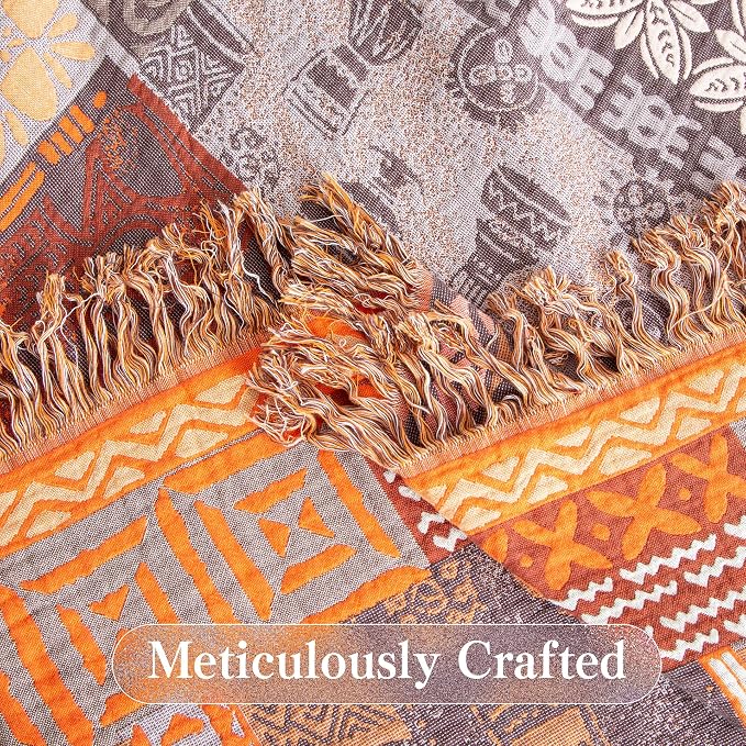 Phuryllic Boho Throw Blanket Full Size, Extra Large Soft Cozy Cotton Muslin Quilt Blanket for Bed Decor, Patchwork Block Couch Sofa Chair Cover, Vintage Farmhouse Cottage Woven Blanket, Red&Orange