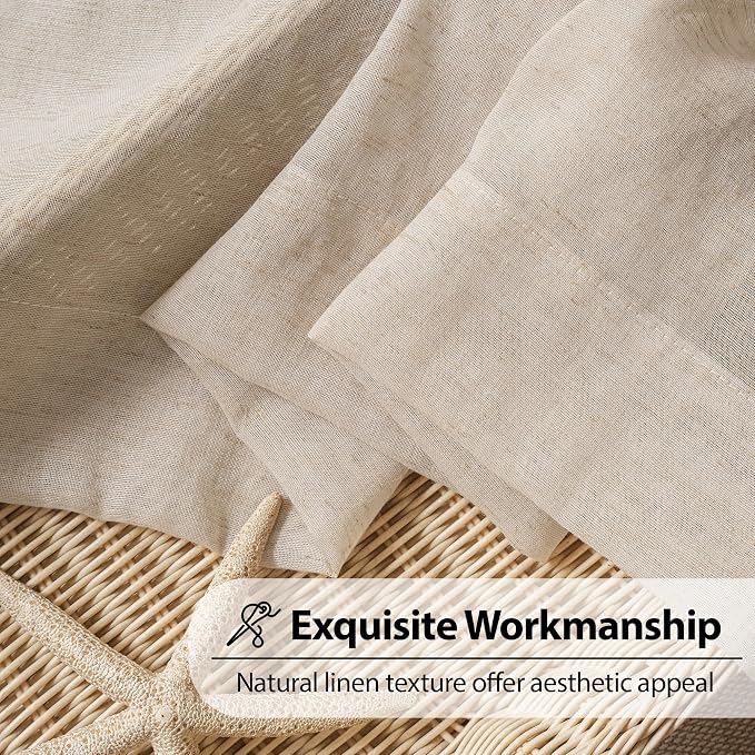 FMFUNCTEX Taupe Linen Sheer Curtains, 96 Inches, 2 Panels for Bedroom | Brown Semi Sheer Drapes, Flax Linen, Rod Pocket, Light Filtering, Farmhouse French, Kitchen, Privacy, for Living Room