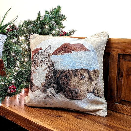 Tache Christmas Throw Pillow Cover - 1 Piece Vintage Tabby Cat Labrador Retriever Dog in Santa Hat Christmas Companions Holiday Festive Decorative Square Couch Tapestry Cushion Covers