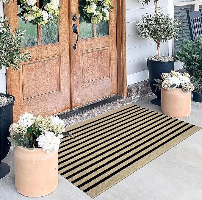 Black Khaki Striped Rug -2.3'x3.6' Front Door Mats Outdoor,Small Washable Throw Rug for Front Porch, Spring Welcome Mats Outdoor Indoor Doormat for Entryway Porch Entrance