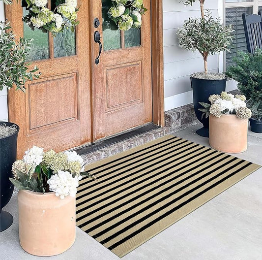 Black Khaki Striped Rug -2.3'x3.6' Front Door Mats Outdoor,Small Washable Throw Rug for Front Porch, Spring Welcome Mats Outdoor Indoor Doormat for Entryway Porch Entrance
