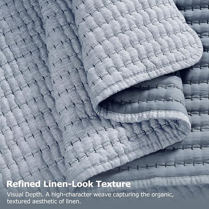 Chambray Pick Stitch Oversized King Size Quilt Set, California King Striped Lightweight Soft Summer Spring Bedspread, Bamboo Linen Like Textured Coverlet, Chambray Farmhouse Country Rustic Bedding