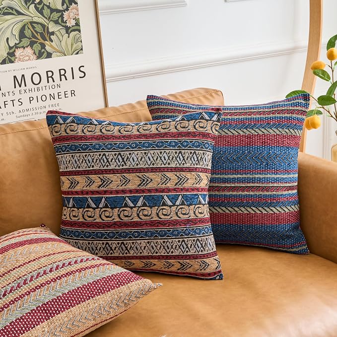 Couch Colorful Stripe Boho Throw Pillow Cover 18X18 Inch Set of 4 Farmhouse Decorative Vintage Pillow Cases Textured Cushion Pillows Covers for Sofa Living Room Bedroom Outdoor Patio Porch