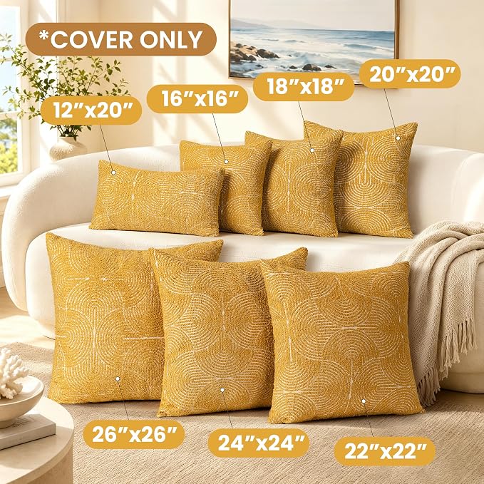 AELS Boho Decorative Textured Throw Pillow Covers 20x20, Organic Modern Mid Century Rainbow Tufted Pillow Case, Farmhouse Rustic Geometric Woven Cushion Case for Bed Couch Sofa, Mustard Yellow