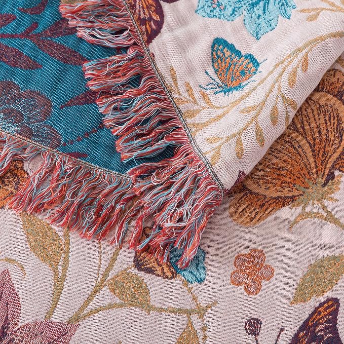 Phuryllic Boho Throw Blanket Full Size, Soft Cozy Cotton Muslin Quilt Blanket for Bed Decor, Floral Patterned Couch Sofa Chair Cover, Vintage Farmhouse Cottage Tapestry Woven Blanket, Coral&Green