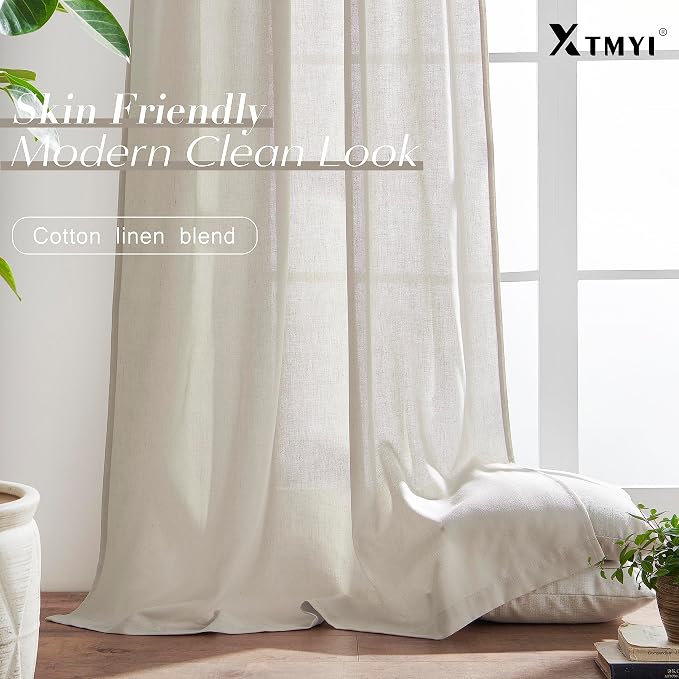 XTMYI Back Tab/Hook Belt Linen Cotton Sheer Curtains for Bedroom 2 Panels,45 Inch Length,Oatmeal Beige