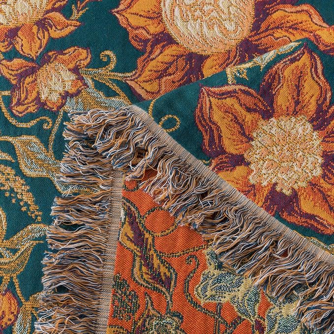 Phuryllic Boho Throw Blanket Twin Size, Soft Cozy Cotton Muslin Quilt Blanket for Bed Decor, Floral Patterned Couch Sofa Chair Cover, Vintage Farmhouse Cottage Tapestry Woven Blanket, Green&Orange