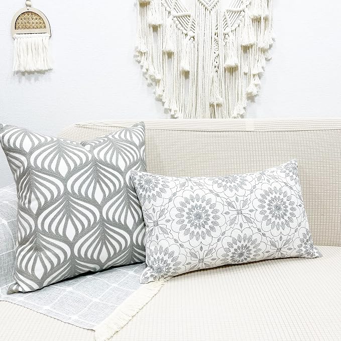 Slow Cow Linen Embroidery Rectangular Pillow Cover Pillowcase Decorative Lumbar Throw Pillow Cover for Couch Sofa 12 x 24 Inches Dark Grey