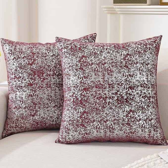 Gyulin Pack of 4,Silver Velvet Throw Pillow Covers 18x18 Inches, Sparkle Silver Foil Print Solid Square Pillow Covers Cushion Covers for Couch Sofa Home Bedroom Decor, Burgundy Red