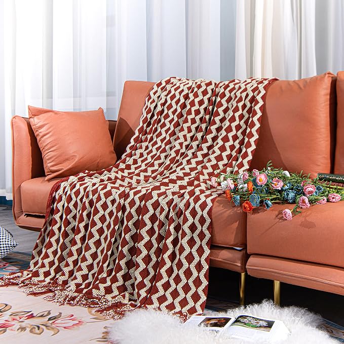 NTBAY Acrylic Knit Throw Blanket, 51 x 67, Red and White Striped | Lightweight Acrylic Wave-Knit Throw with 7 Inch Tassels for Sofa, Bed, Reading, Travel, and Decorative Layering