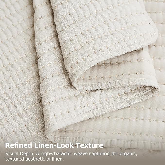 Beige Pick Stitch Oversized King Size Quilt Set, California King Striped Lightweight Soft Summer Spring Bedspread, Bamboo Linen Like Textured Coverlet, Chambray Farmhouse Country Rustic Bedding