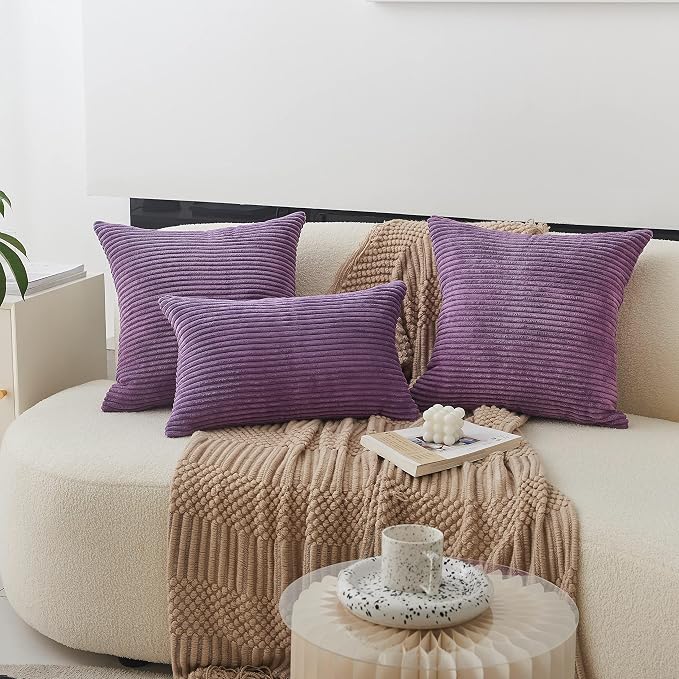 Home Brilliant Purple Pillows Covers Sofa Pillows Set of 2 Decorative Striped Velvet Throw Pillow Cases, 40cm, 16 x 16 Inch, Eggplant