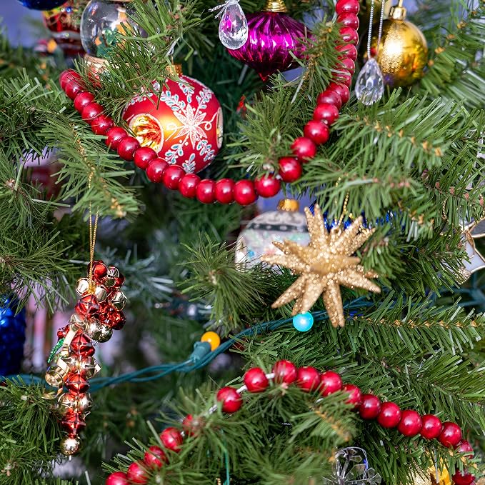 Wooden Christmas Tree Bead Garland - Cranberry Red Wood Holiday Decor 8'6"