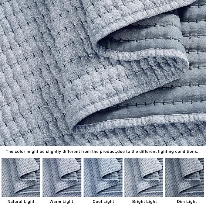 WDCOZY Chambray Pick Stitch King Size Quilt Set, Denim Blue Striped Lightweight Soft Summer Spring Bedspread, Bamboo Linen Like Textured Coverlet, Farmhouse Country Rustic Bedding, Thin Comforter