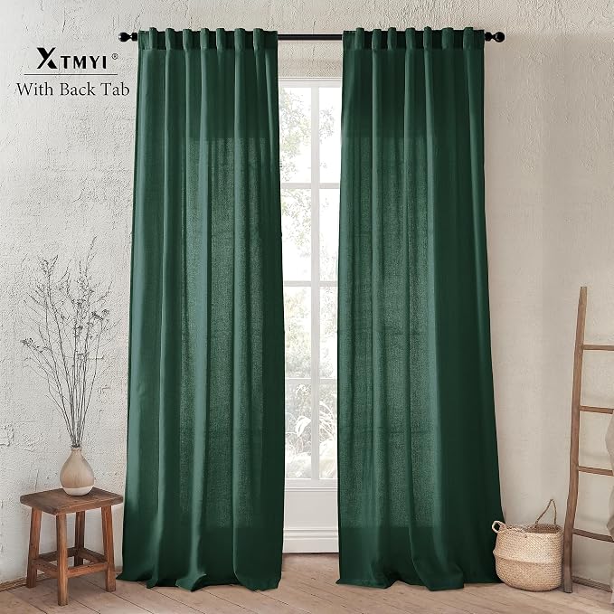 XTMYI Emerald Dark Green Curtains for Living Room 84 Inches Long 2 Panels Set Linen Rod Pocket Back Tab Hooks Pleated Hunter Green Vintage Retro Curtains for Bedroom Decor Dining Room