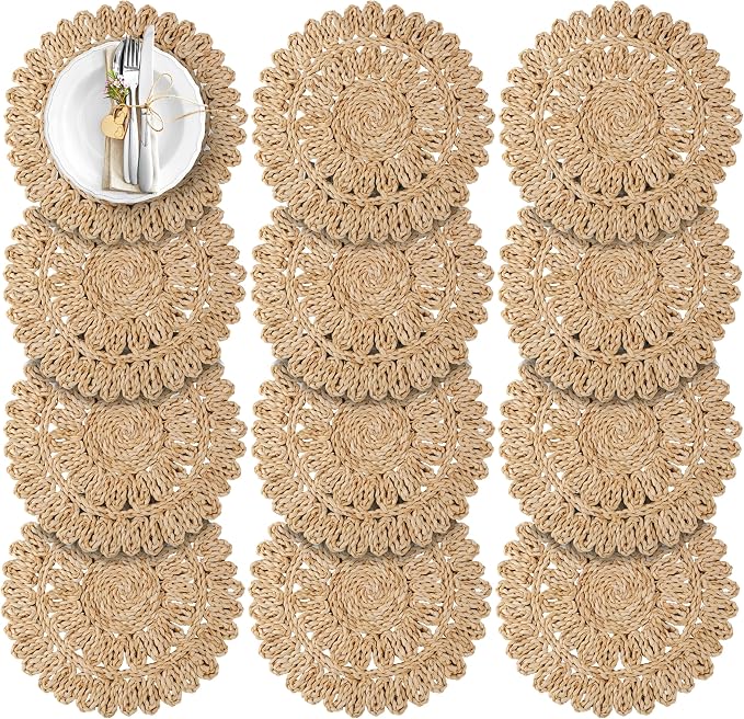 13.8" Corn Husk Woven Round Placemats Set of 12 - Wicker Boho Farmhouse Placemats - Rattan Table Mats Like Water Hyacinth for Dining Table, Wedding, Home, Christmas, Party