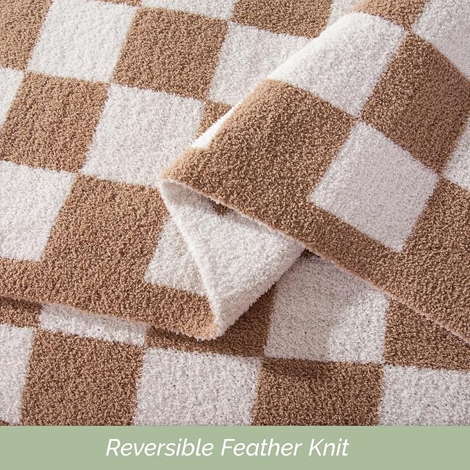 Elegant Comfort Premium Checkered Reversible Throw Blanket - Ultra Soft and Lightweight, Luxury Knitted Breathable Fleece for Couch, Bed, Sofa - Warm Velvet Fluffy Throw, 50 x 70 Inch, Taupe