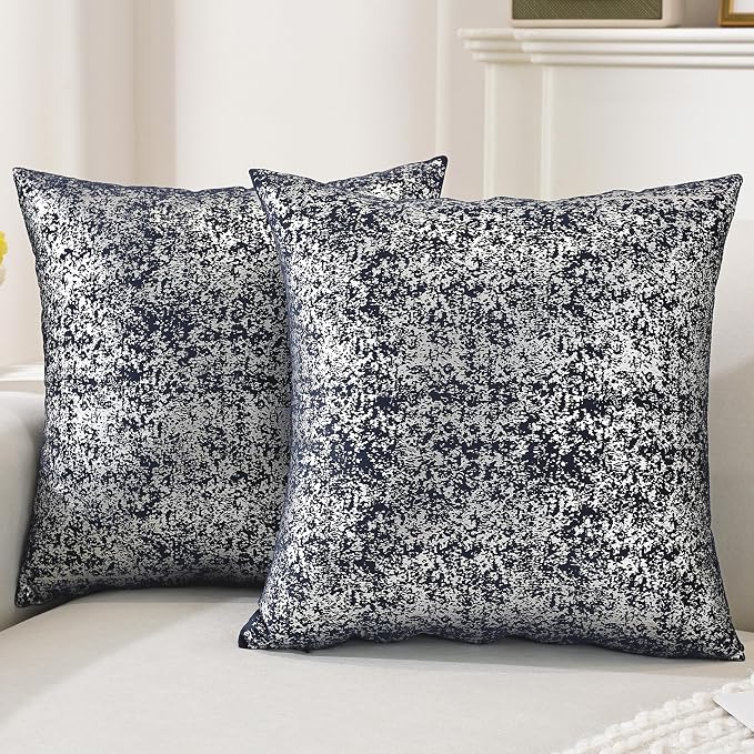 Gyulin Pack of 4,Silver Velvet Throw Pillow Covers 18x18 Inches, Sparkle Silver Foil Print Solid Square Pillow Covers Cushion Covers for Couch Sofa Home Bedroom Decor, Navy Blue
