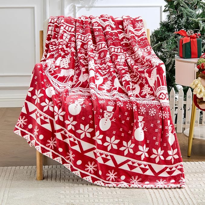 Edenleaf Christmas Blanket Soft Cozy Fleece Throws with Snowman Snowflake Reindeer and Xmas Trees Print, Fuzzy Warm Christmas Throw Blanket for Couch Bed Holiday Decorations Gifts 60"x80" (Red)