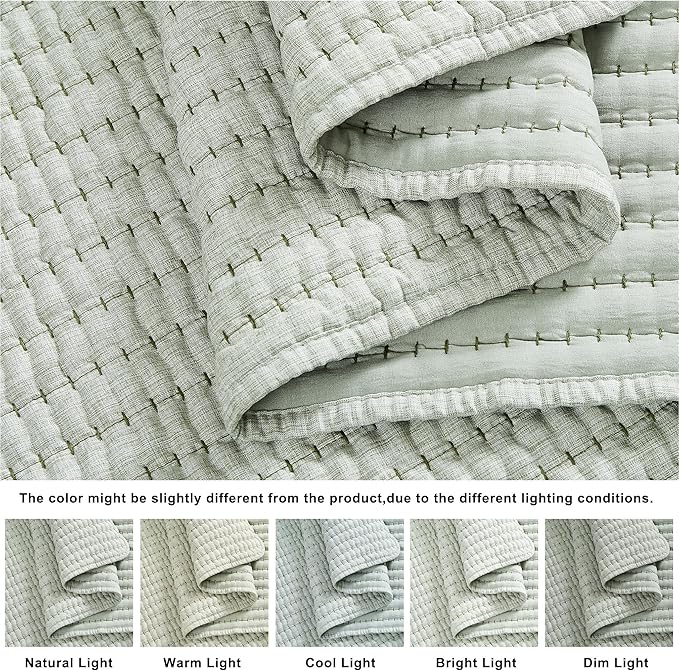 WDCOZY Sage Green Pick Stitch Queen Size Quilt Set, Striped Lightweight Soft Summer Spring Bedspread, Bamboo Linen Like Textured Coverlet, Chambray Farmhouse Country Rustic Thin Bedding Comforter