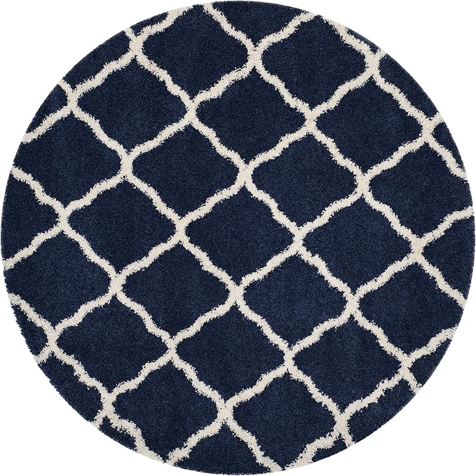 SAFAVIEH Hudson Shag Collection 9' Round Navy/Ivory SGH283C Moroccan Trellis Non-Shedding Living Room Bedroom Dining Room Entryway Plush 2-inch Thick Area Rug