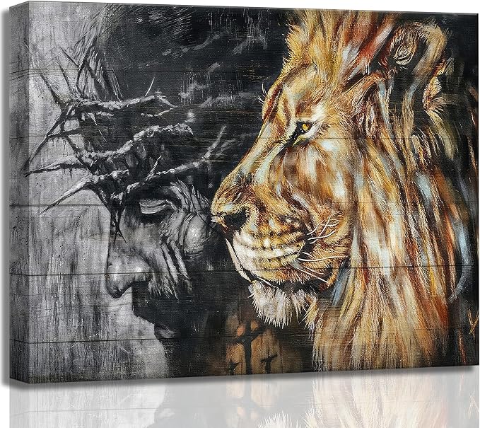 Jesus and Lion Canvas Wall Art for Living Room Bedroom Office Home Decor | Judah and Lion Cathedral Black and White Religious Christianity Picture Wall Decor Poster Print