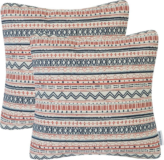 Mika Home Pack of 2 Throw Pillow Cases, Striped, 22x22 Inches, Navy Pink | Decorative Pillow Covers, Home Decoration, Bohemian Striped Geometric Pattern